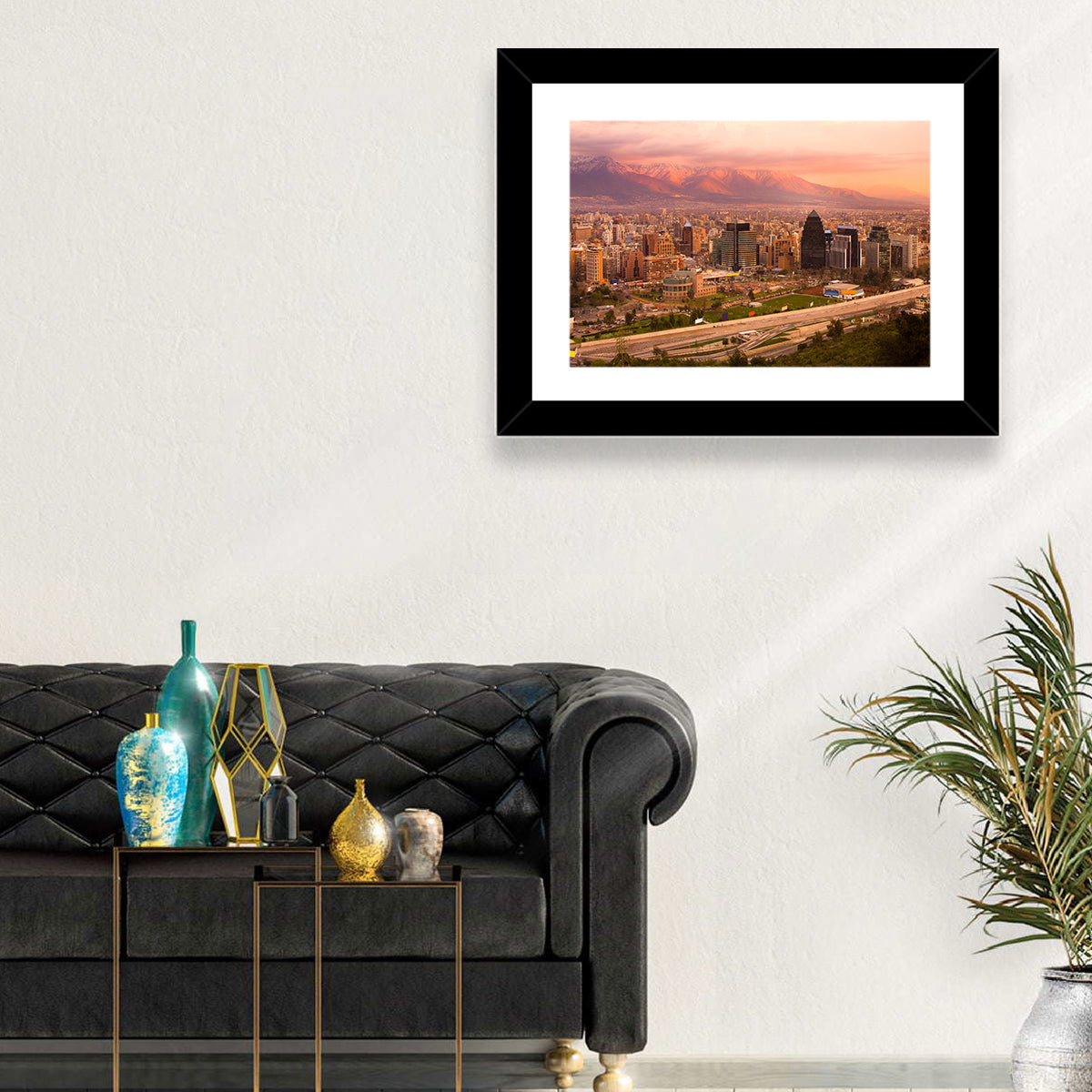 Santiago Skyline at Sunset Wall Art in a room, landscape