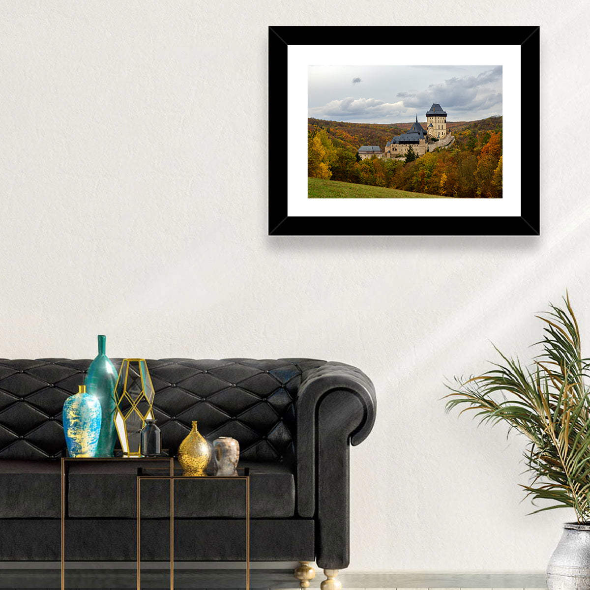 Karlštejn Castle in Autumn Forest Wall Art in a room, landscape