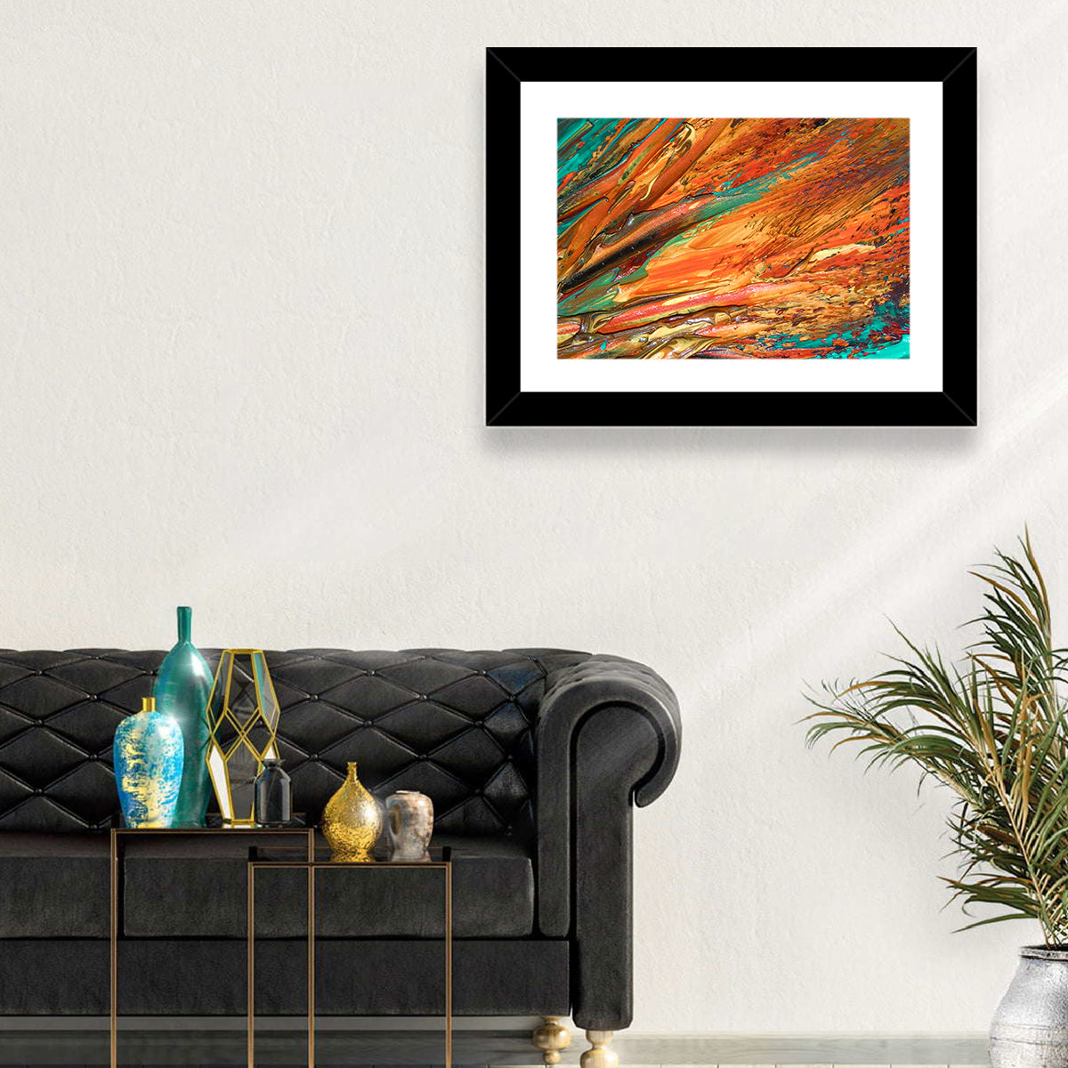 Flowing River Abstract in Orange and Teal Wall Art in a room, landscape