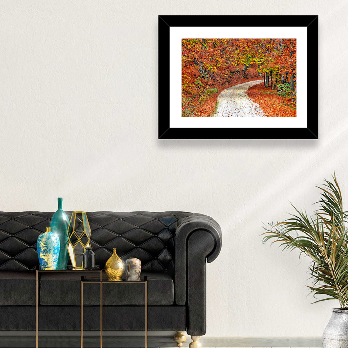 Misty Gravel Path Through Autumn Trees Wall Art in a room, landscape