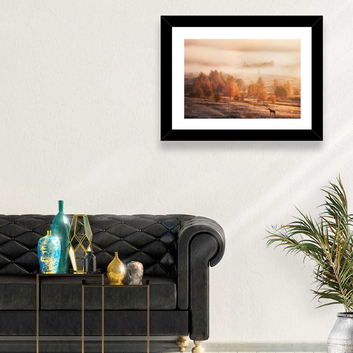 Autumn Morning Horse Silhouette Wall Art in a room, landscape