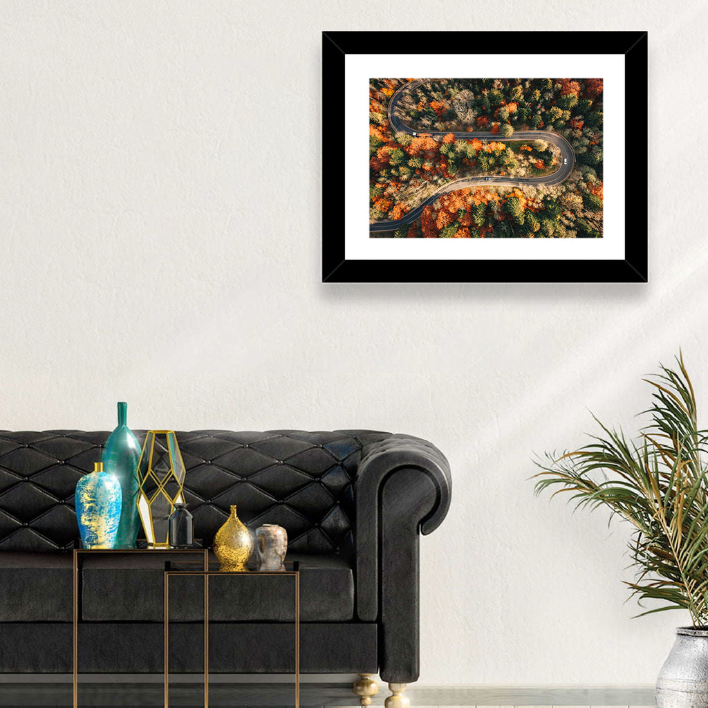 Aerial Winding Autumn Forest Road Wall Art