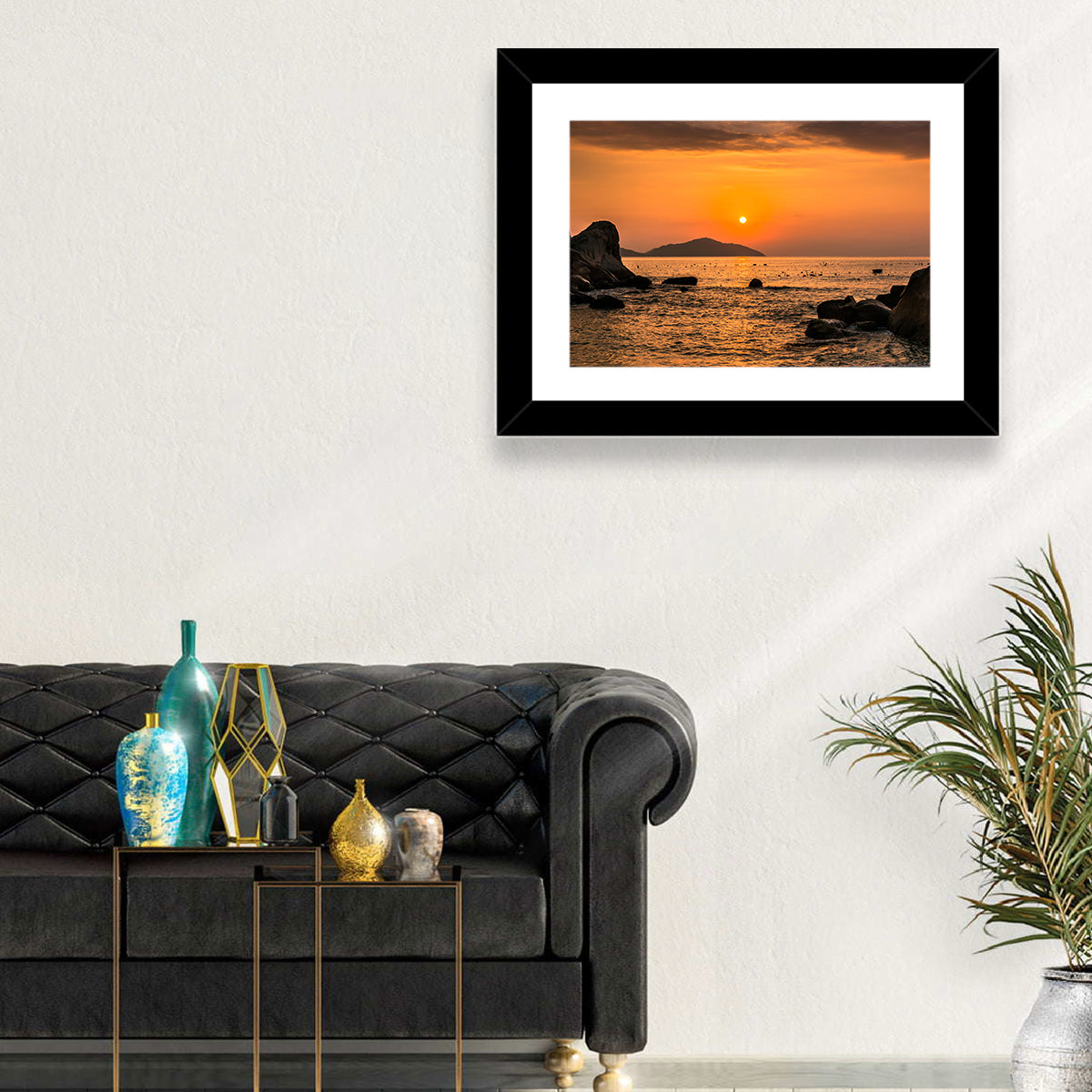 Orange Sunrise Over Rocky Coast Wall Art in a room, landscape