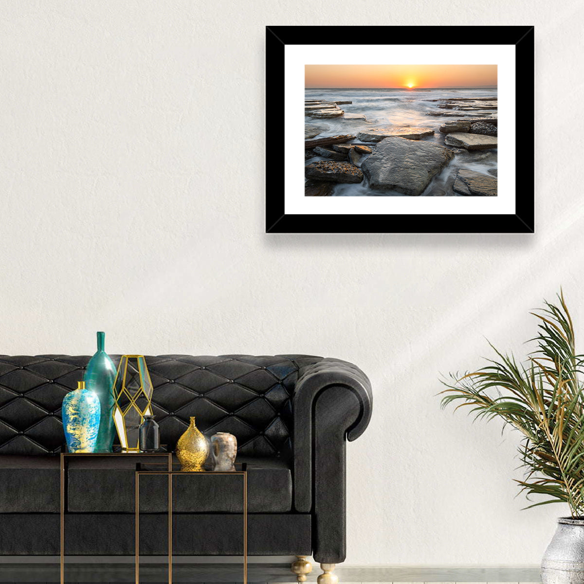Golden Hour Rock Shoreline Sunset Wall Art in a room, landscape