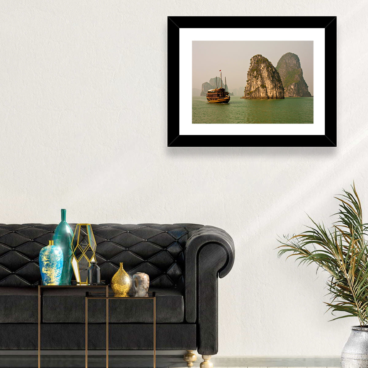 Ha Long Bay Junk Boat and Karst Cliffs Wall Art in a room, landscape