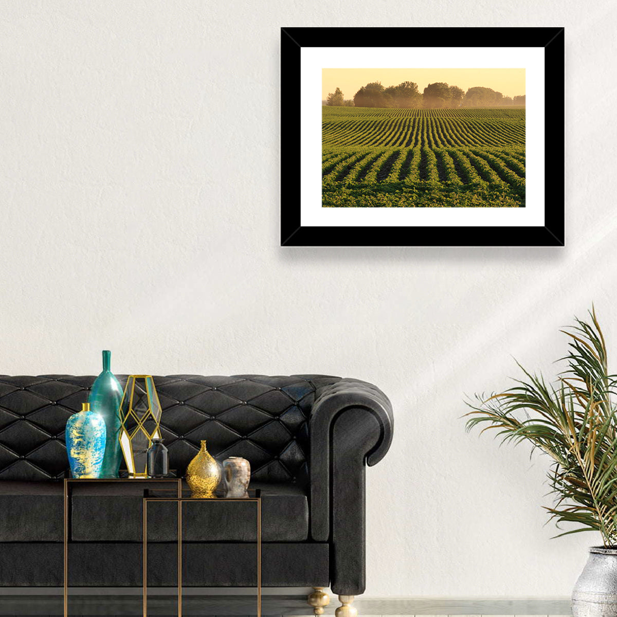 Misty Soybean Field at Dusk Wall Art in a room, landscape