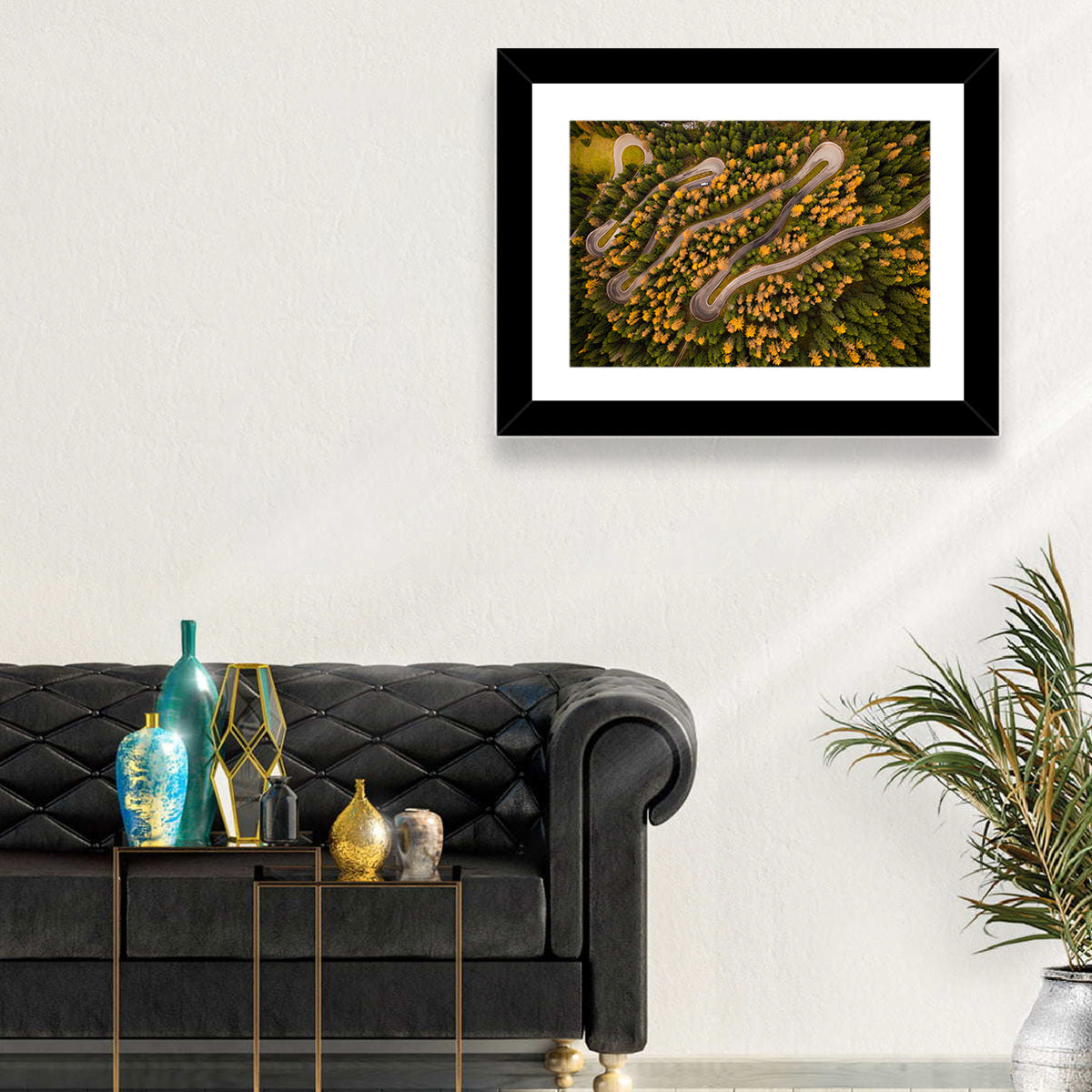 Aerial Curvy Forest Road Wall Art in a room, landscape