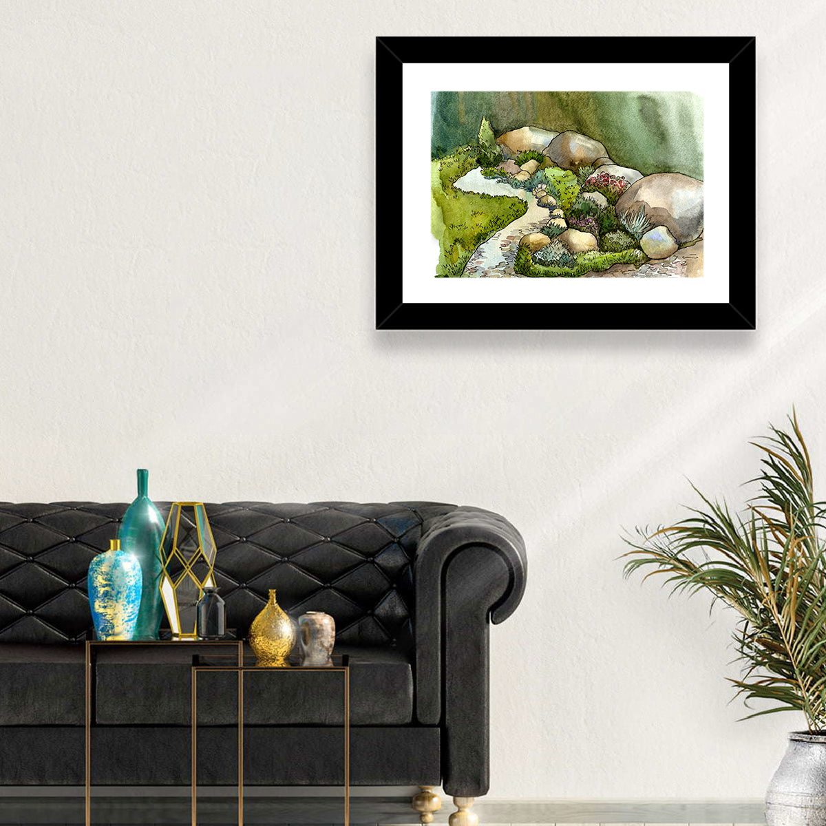 Watercolor Rock Garden Stream Wall Art in a room, landscape
