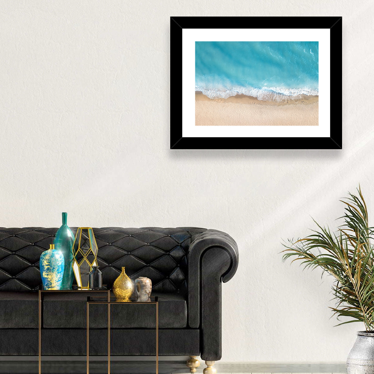 Top-down Turquoise Beachscape Wall Art in a room, landscape