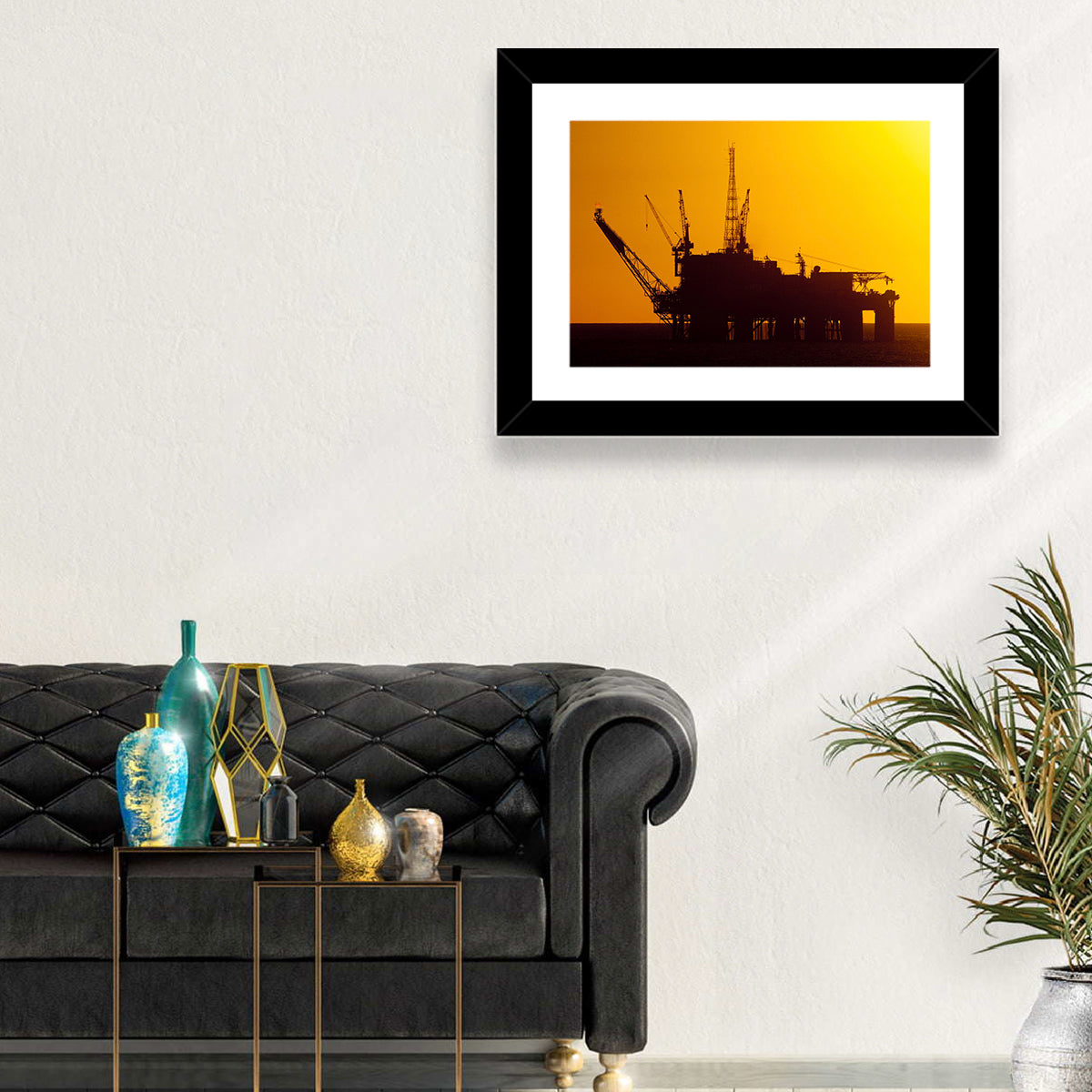 Oil Rig Silhouette at Sunset Wall Art in a room, landscape