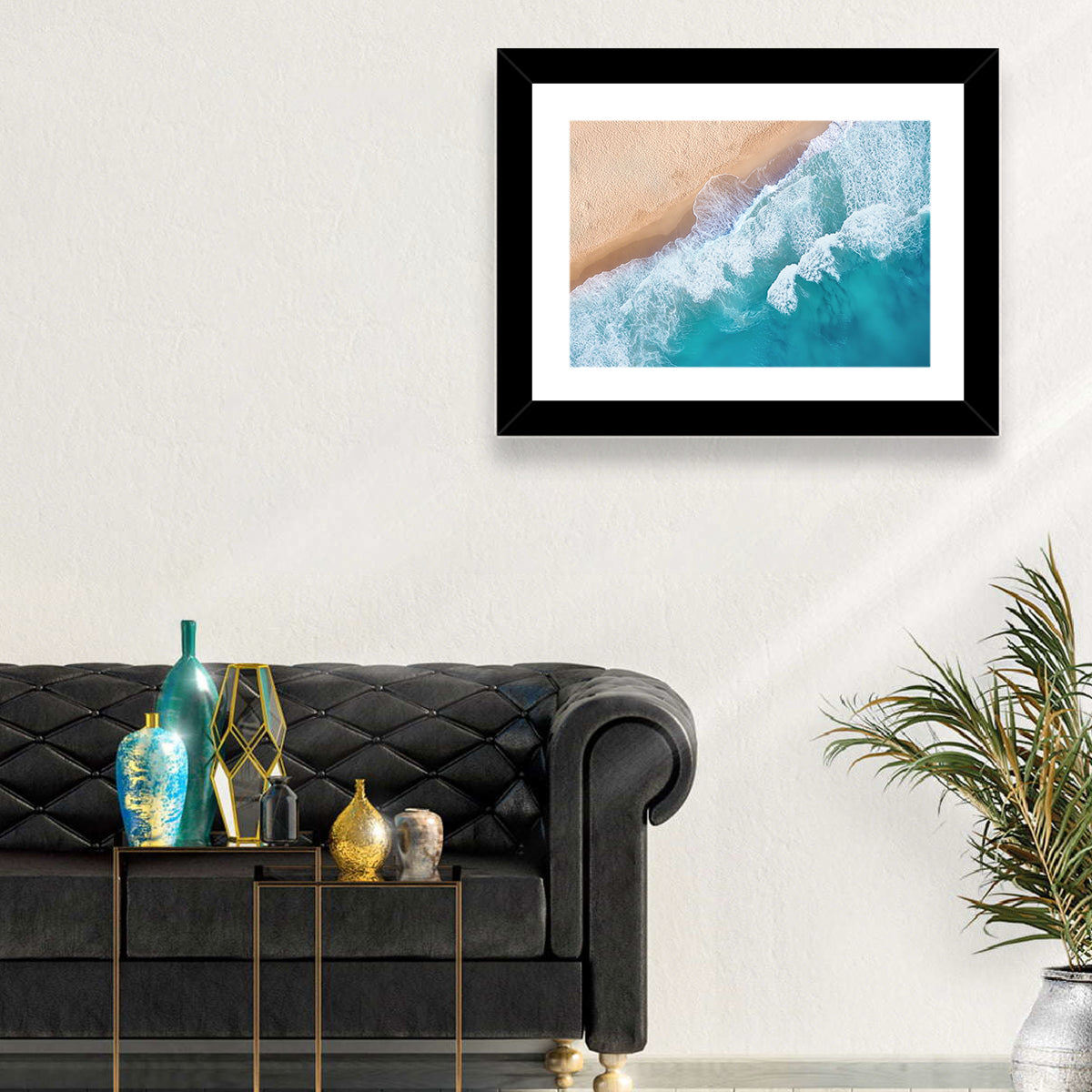 Aerial Turquoise Beach Waves Wall Art in a room, landscape