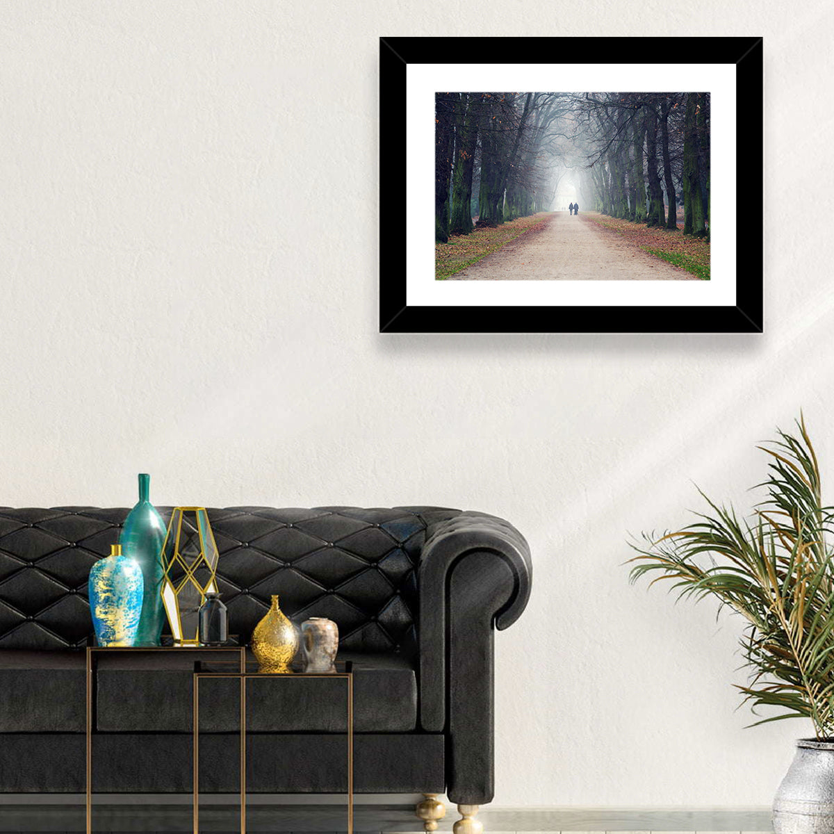 Foggy Tree Lined Walkway in Autumn Wall Art in a room, landscape