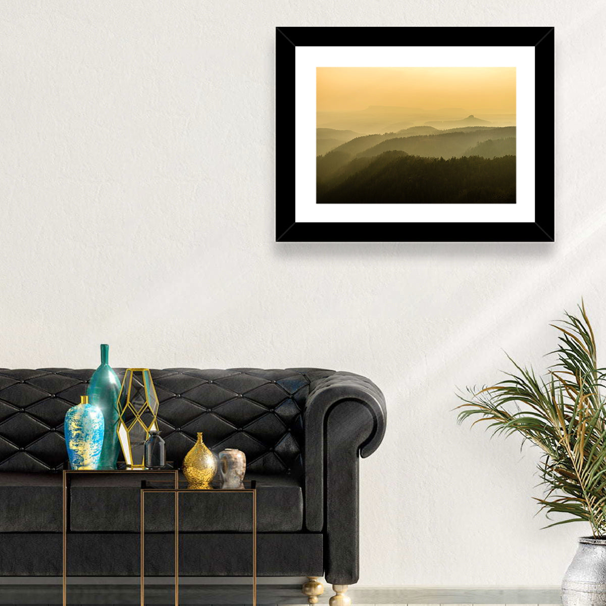 Misty Golden Ridge Landscape Wall Art in a room, landscape