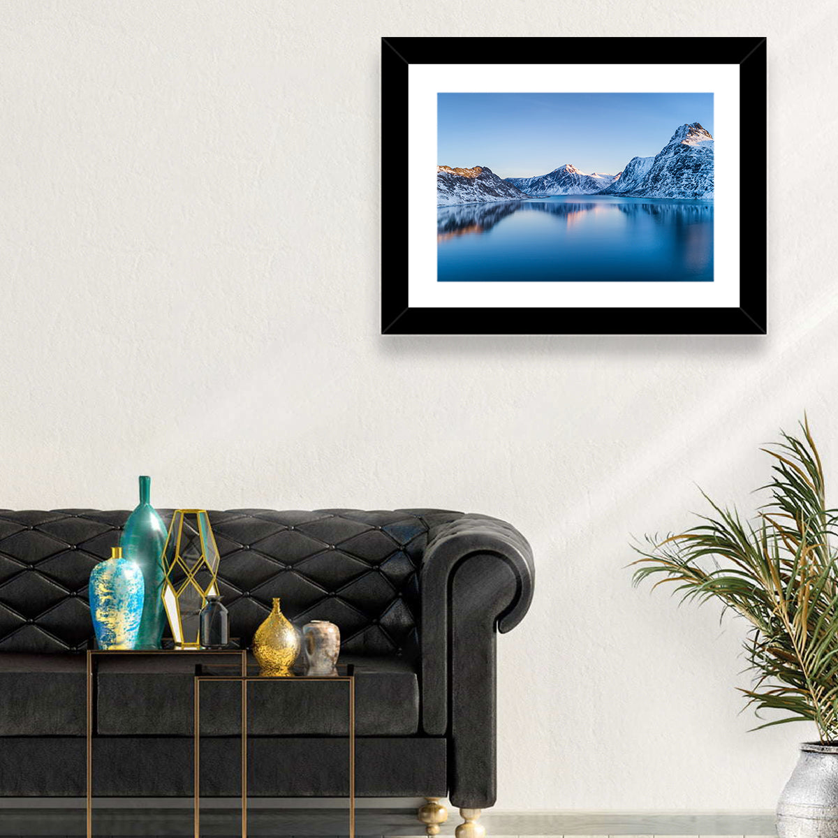 Snowy Lofoten Reflection Wall Art in a room, landscape