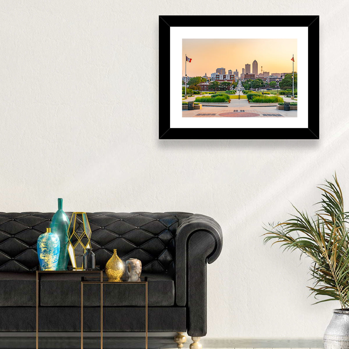 Des Moines Golden Hour Skyline Wall Art in a room, landscape