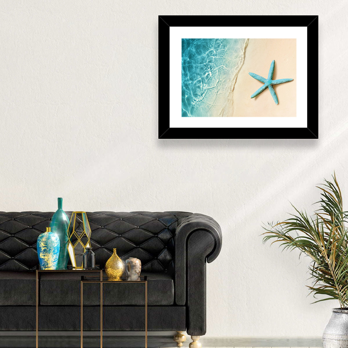Blue Starfish on Sandy Beach Wall Art in a room, landscape
