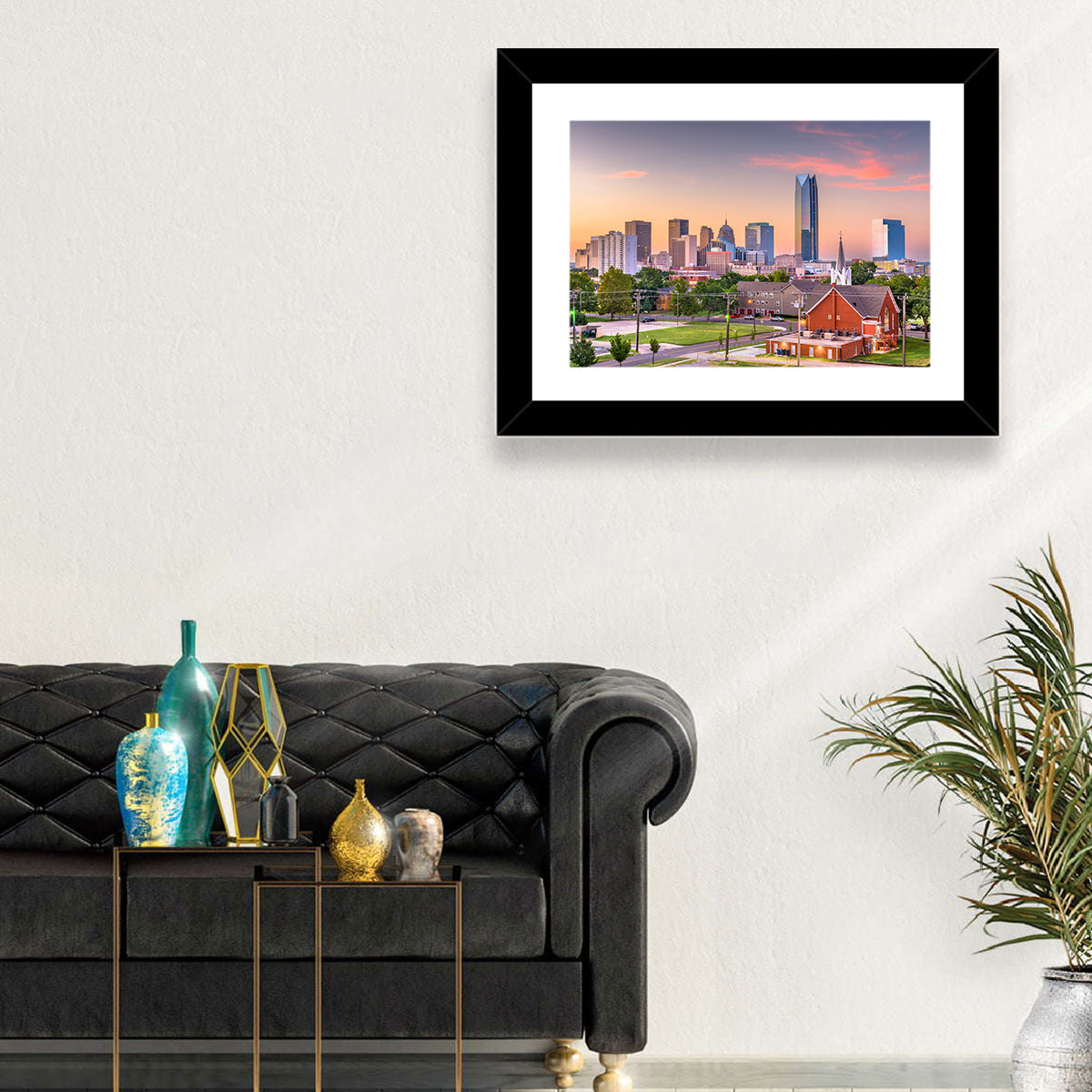 Oklahoma City Golden Hour Skyline Wall Art in a room, landscape