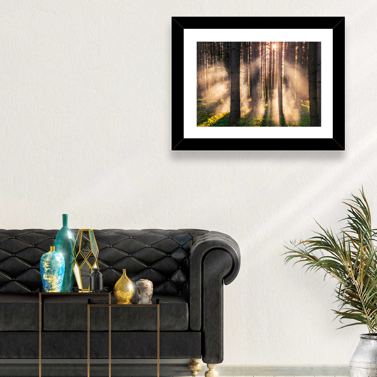 Sunrise Through Misty Forest Wall Art in a room, landscape