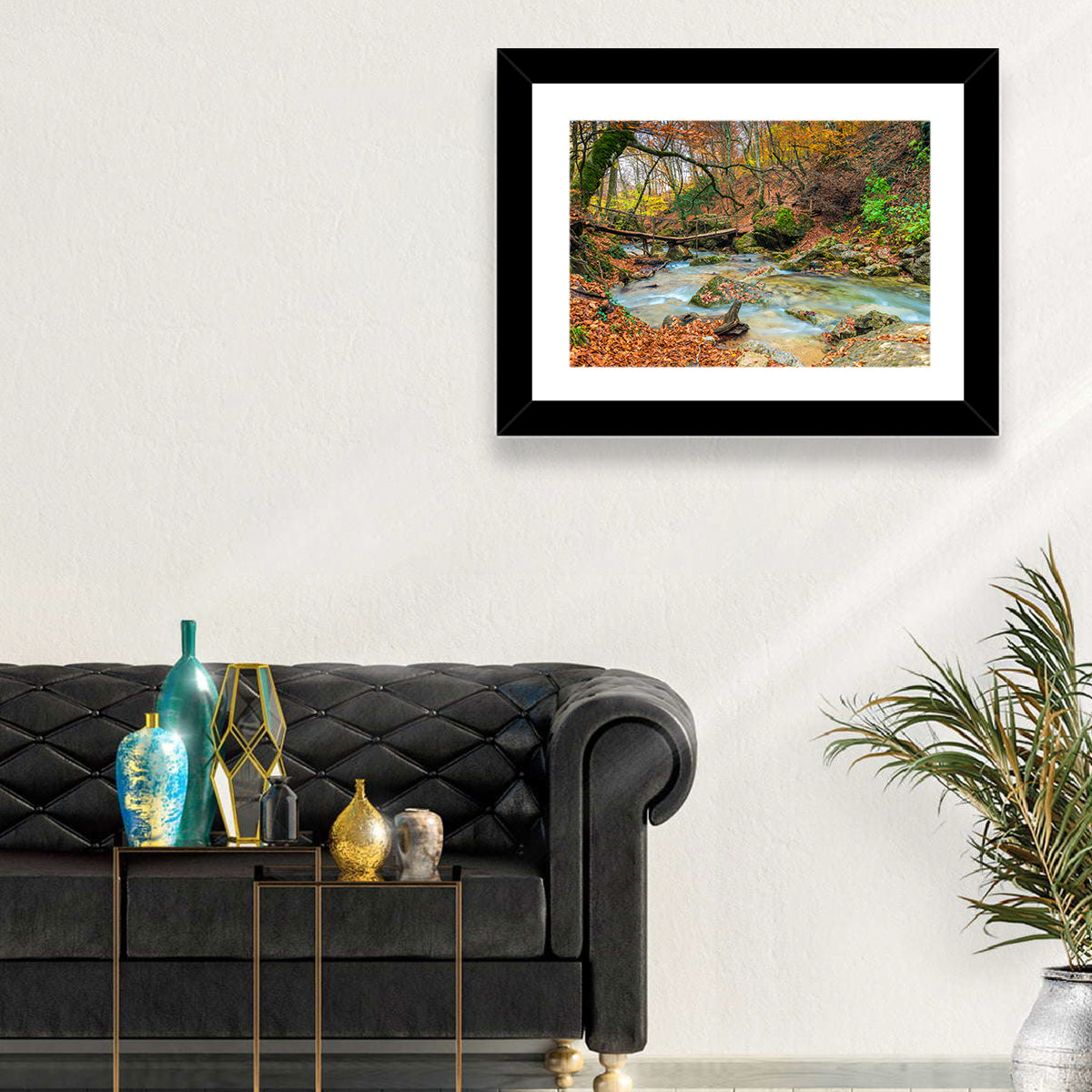 Mossy Footbridge in Autumn Forest Wall Art in a room, landscape