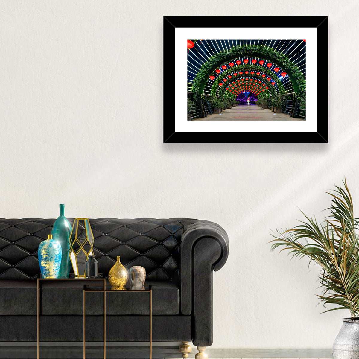 Red Lantern Trellis Tunnel Wall Art in a room, landscape