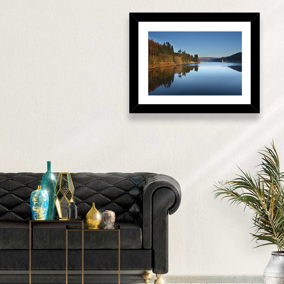 Lake Vyrnwy Golden Hour Reflection Wall Art in a room, landscape