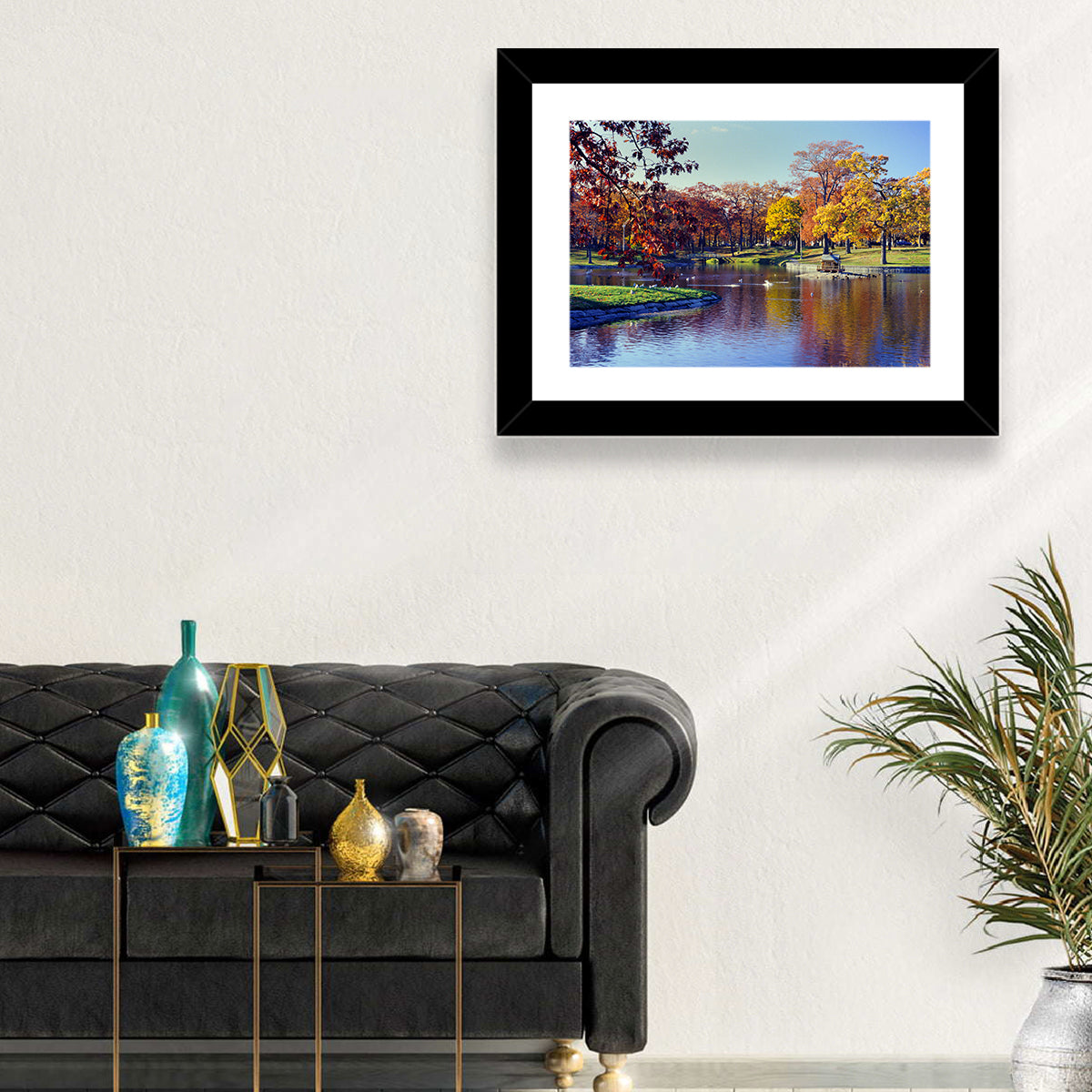 Deering Oaks Autumn Pond Wall Art in a room, landscape