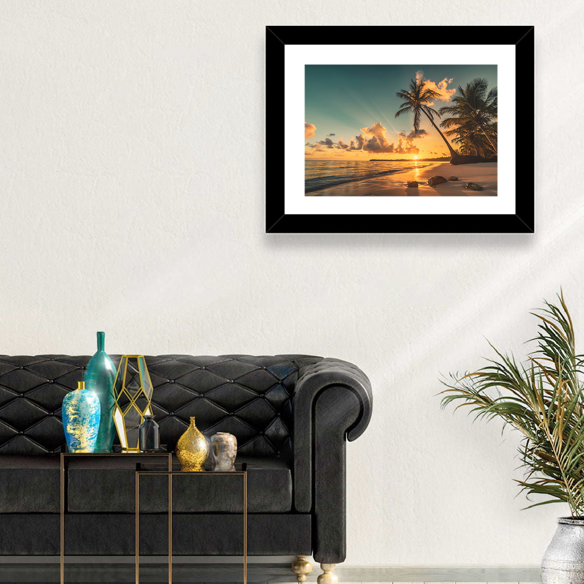 Golden Hour Palm Beach Sunset Wall Art in a room, landscape