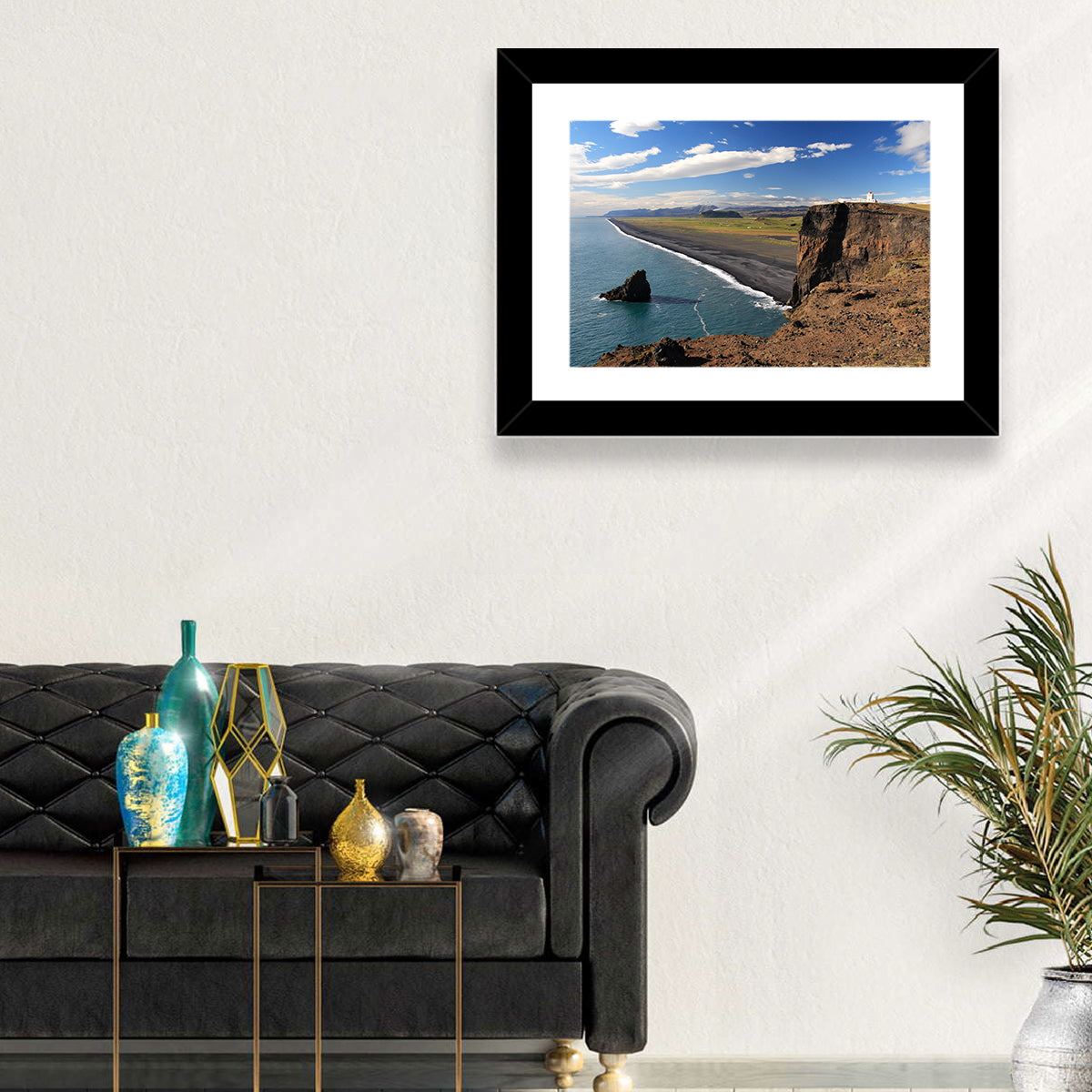 Dyrhólaey Black Sand Beach and Sea Stack Wall Art in a room, landscape