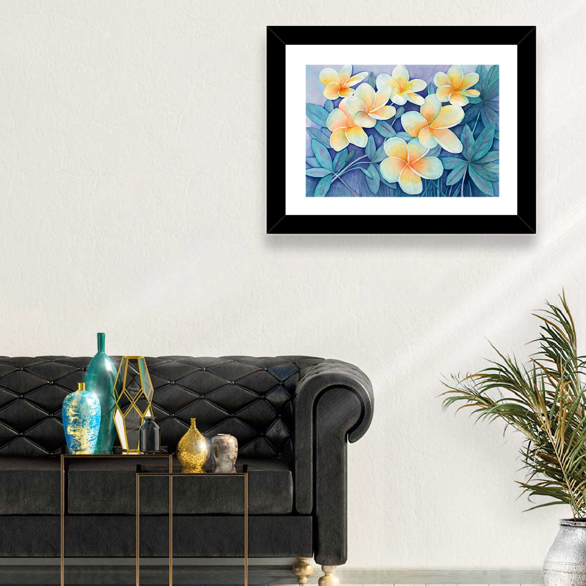 Watercolor Frangipani Cluster Wall Art in a room, landscape