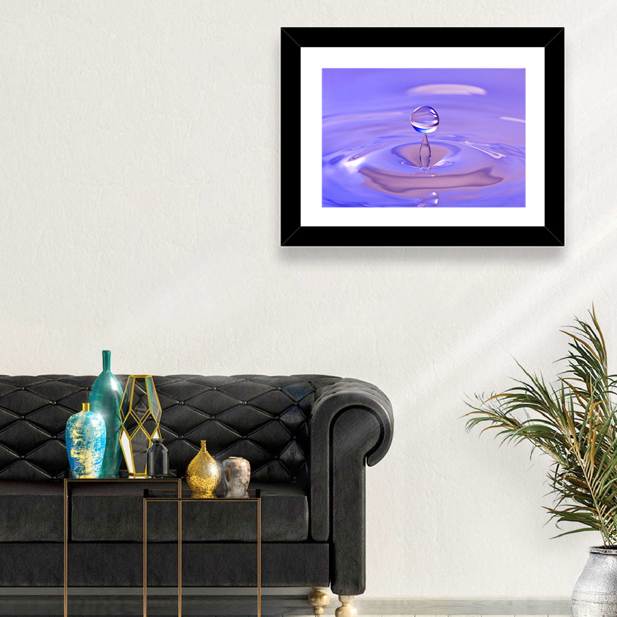 Purple Water Droplet Splash Wall Art in a room, landscape