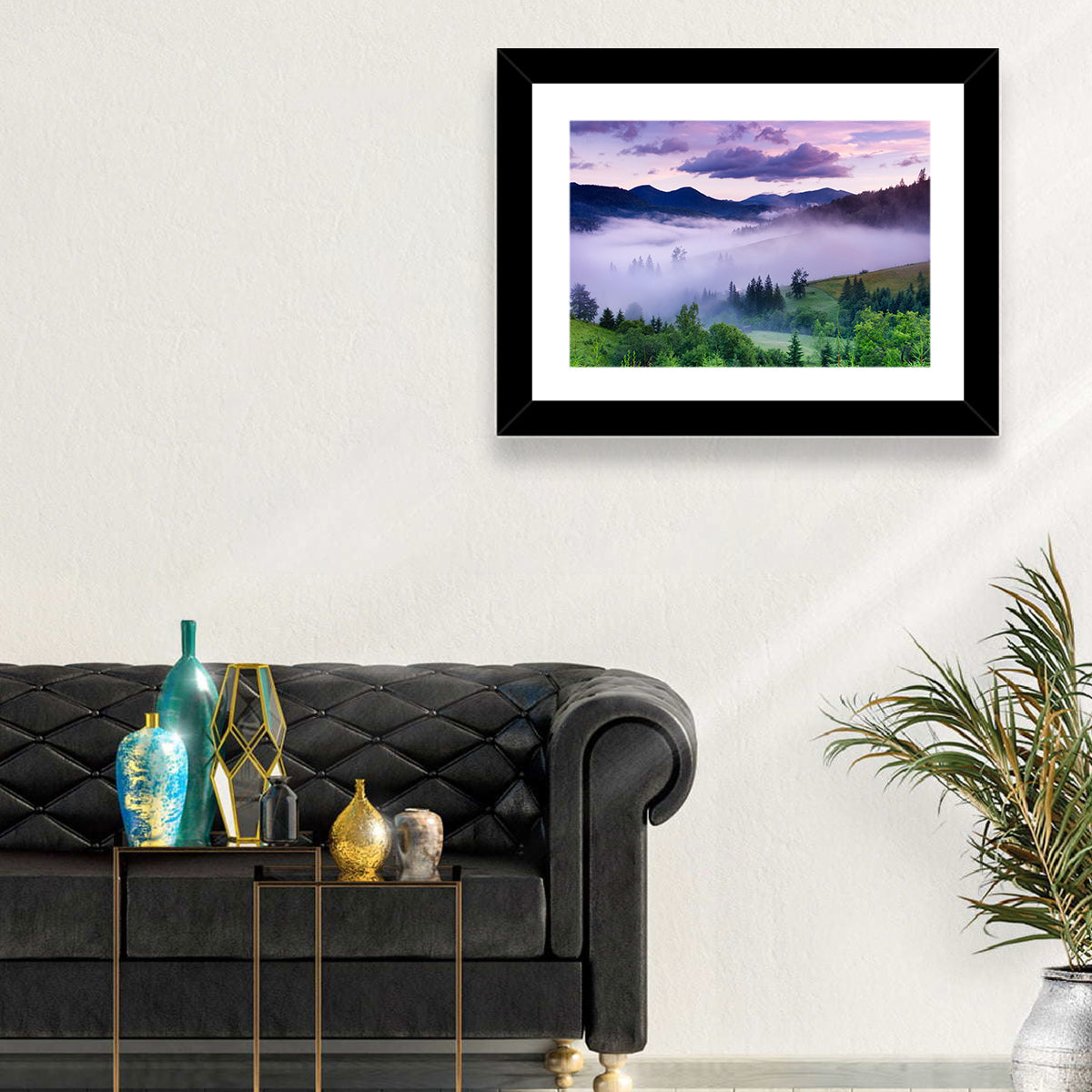Misty Mountain Valley at Twilight Wall Art in a room, landscape