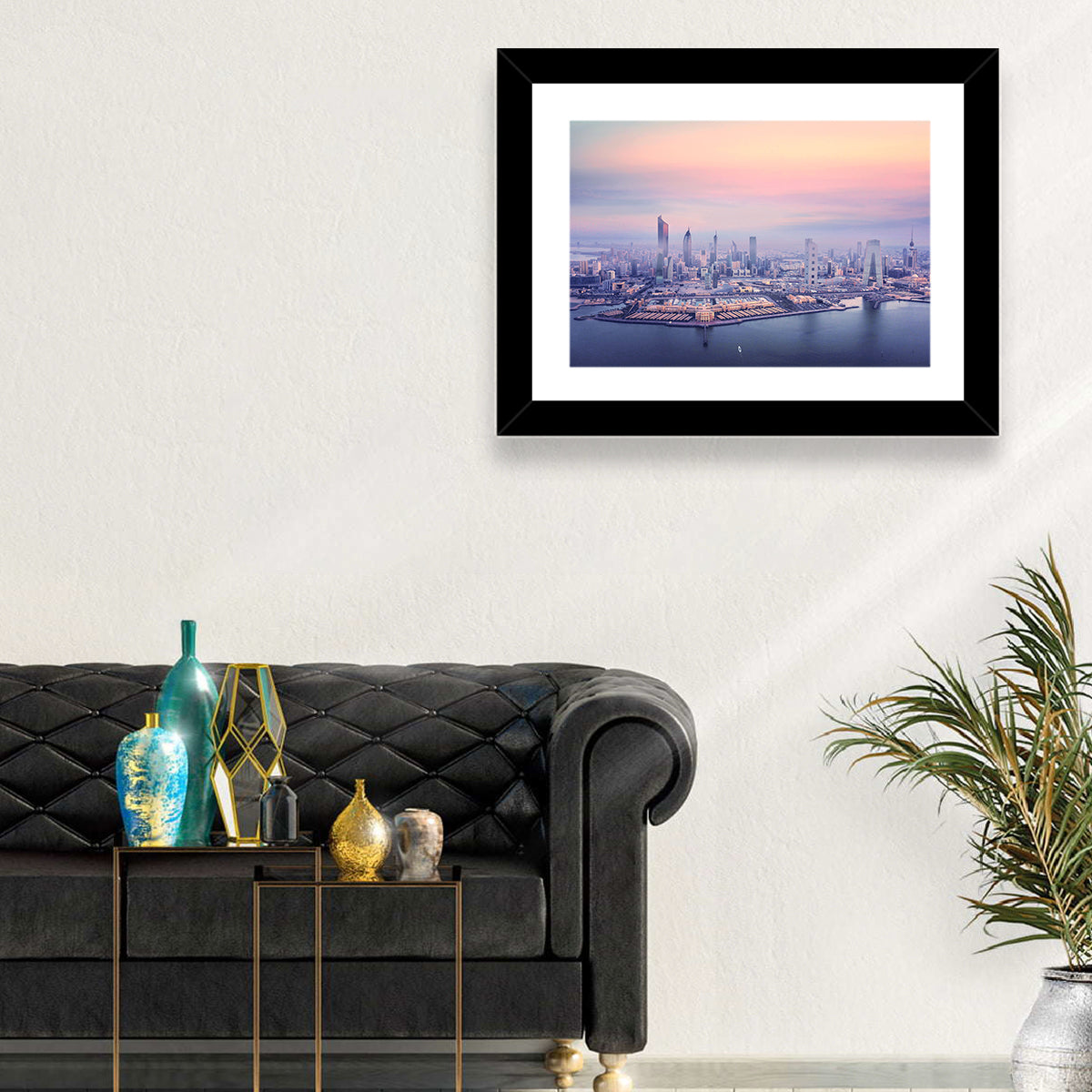 Kuwait City Twilight Skyline Wall Art in a room, landscape
