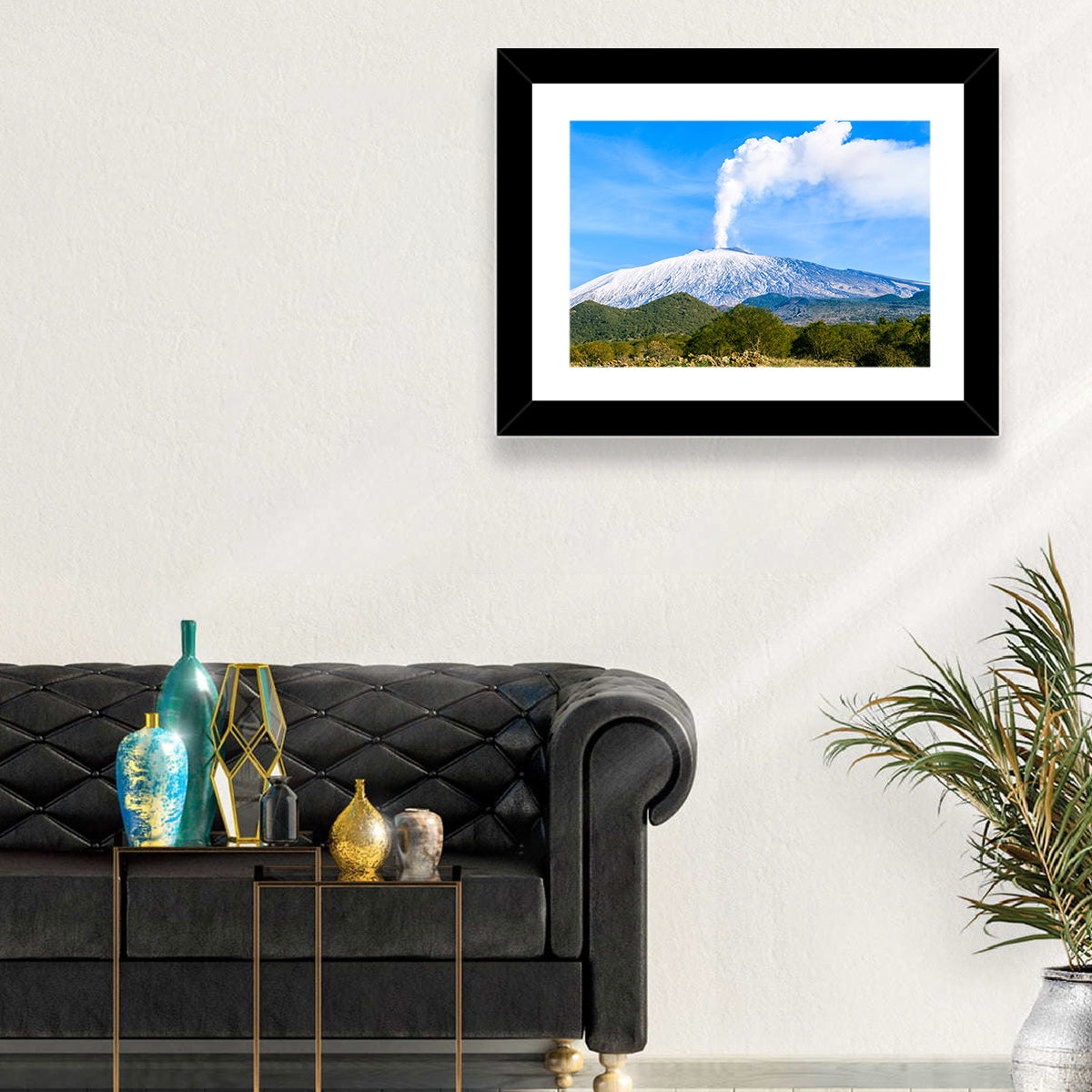 Snow-capped Mount Etna with Volcanic Plume Wall Art in a room, landscape