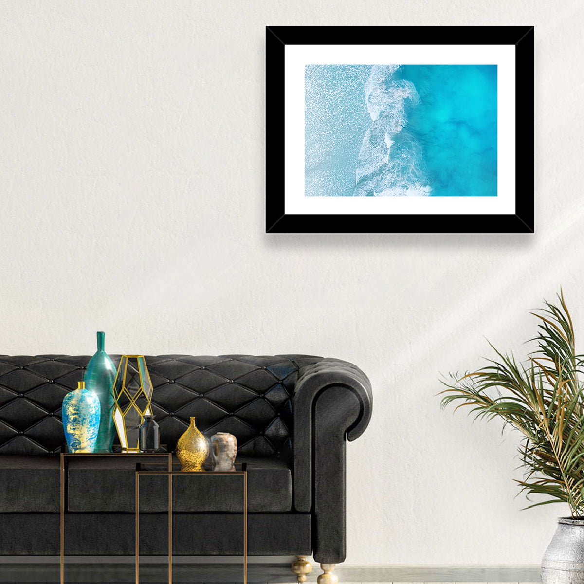 Turquoise Aerial Ocean Waves Wall Art in a room, landscape