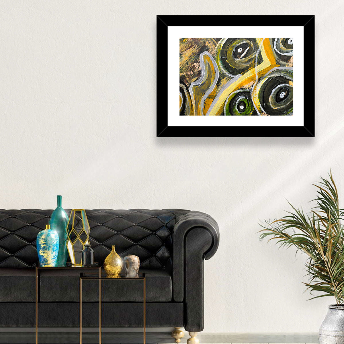 Impasto Swirl Circles in Yellow and Black Wall Art in a room, landscape