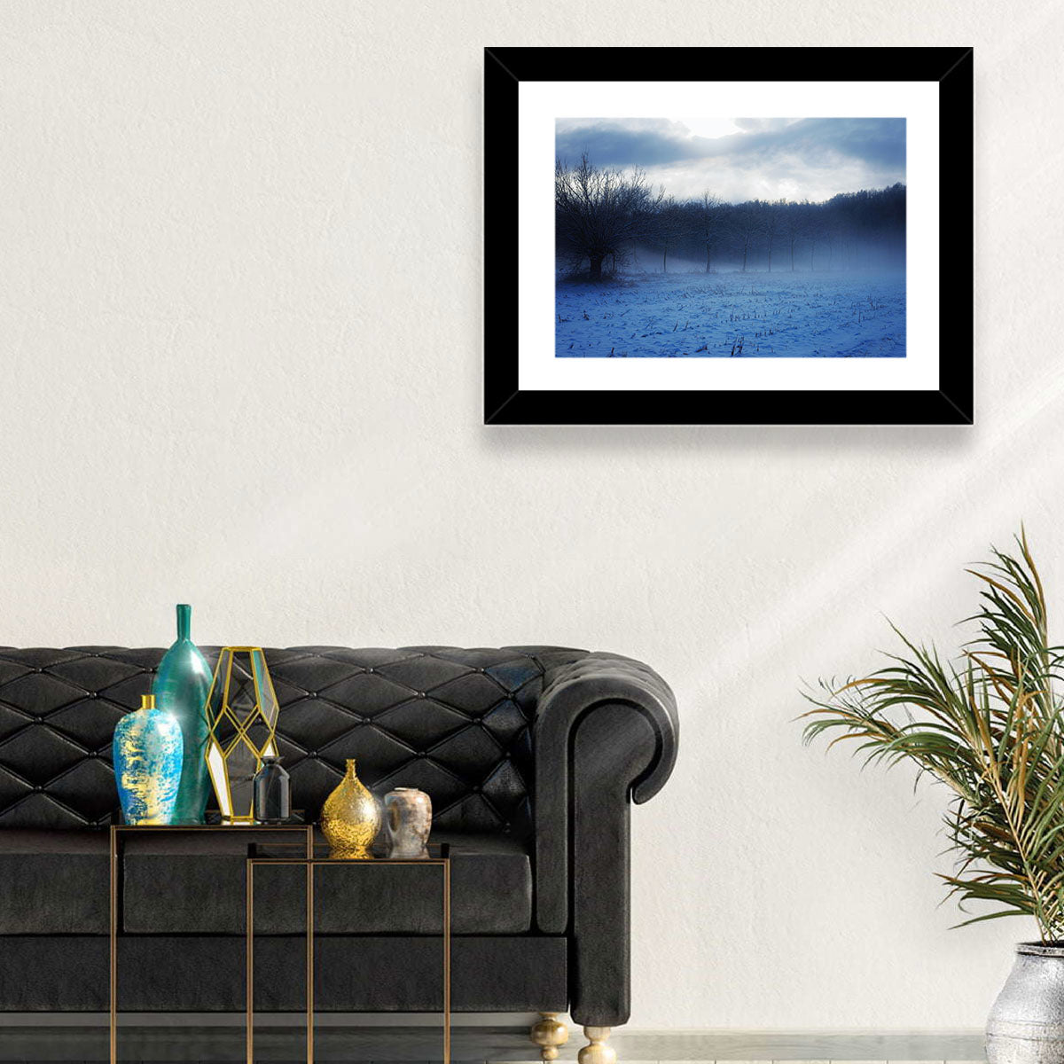 Snowy Italian Countryside Wall Art in a room, landscape