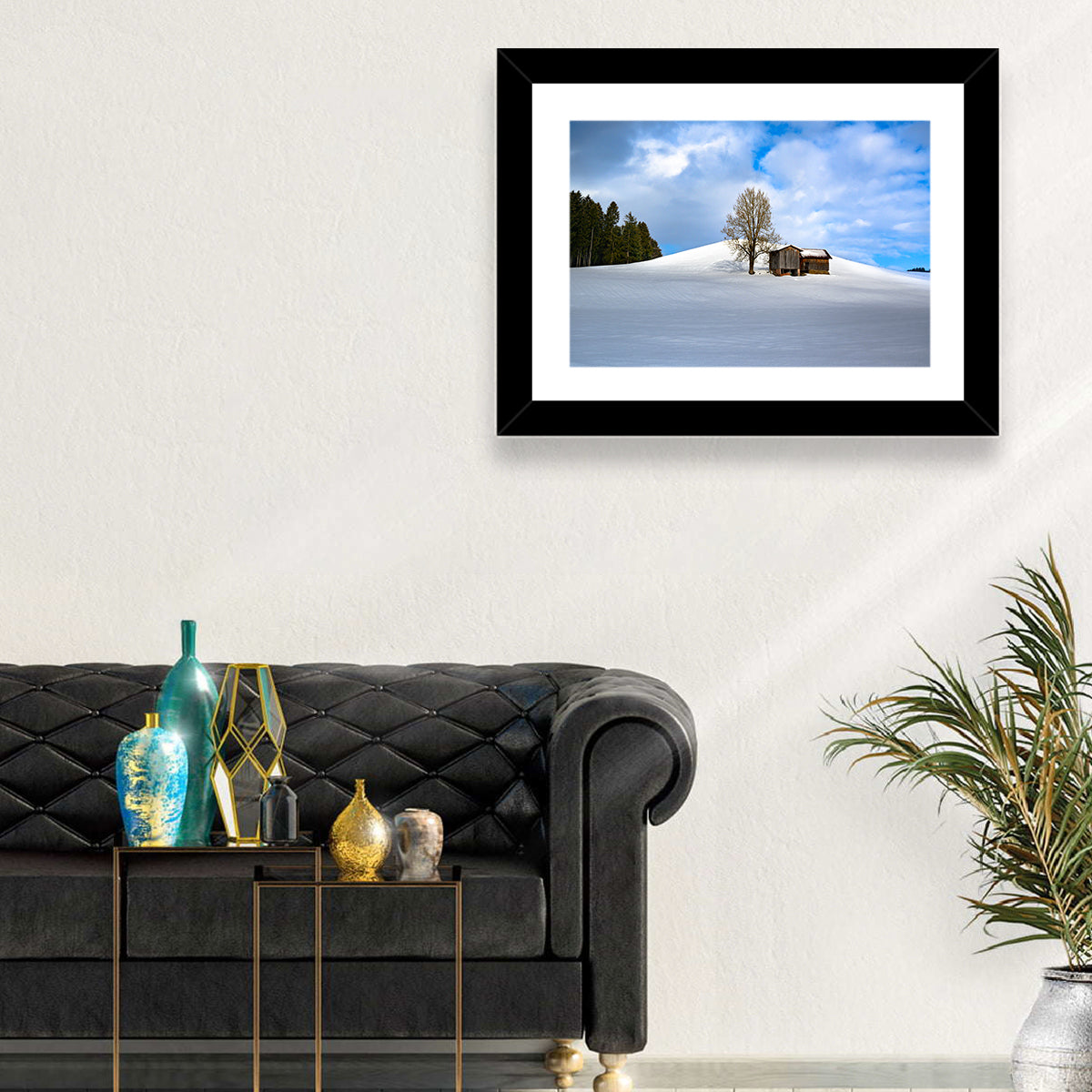 Rustic Barn on a Snowy Hill Wall Art in a room, landscape