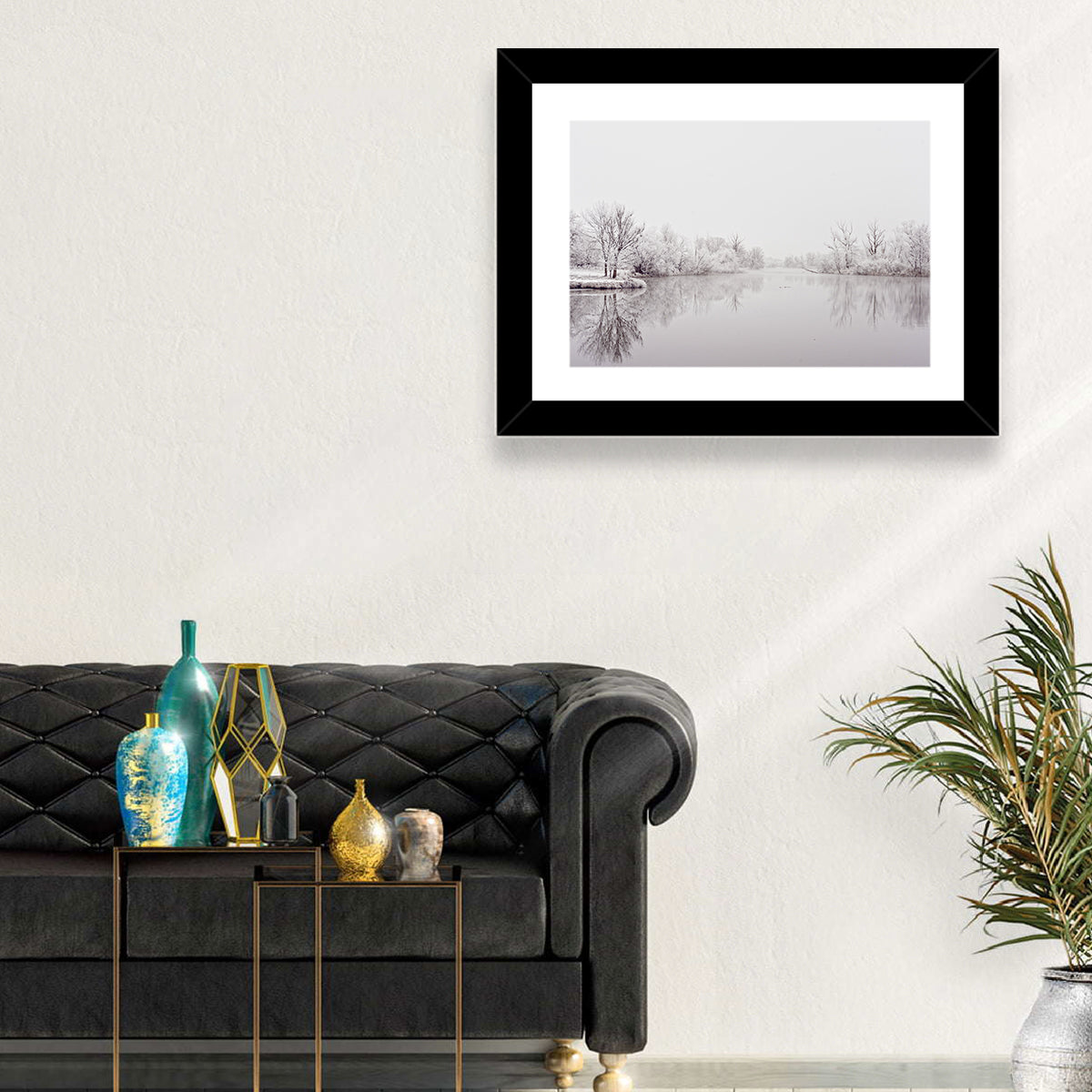 Frozen River Reflection in Winter Fog Wall Art in a room, landscape