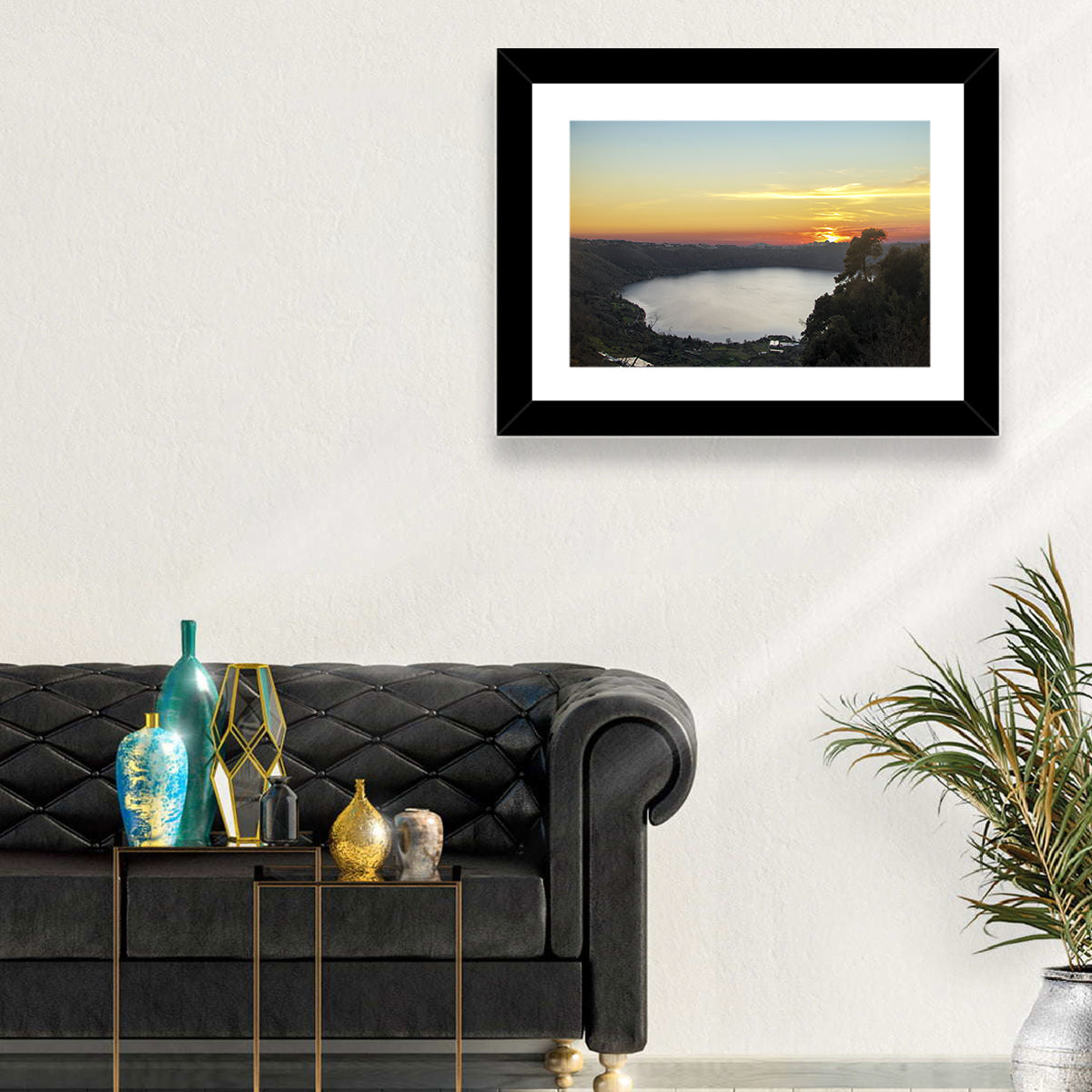 Lake Nemi Golden Sunset Wall Art in a room, landscape