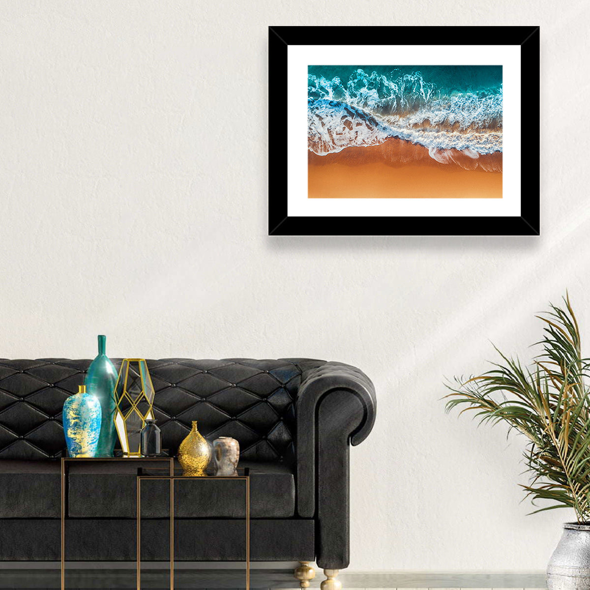 Aerial Beach Waves Wall Art in a room, landscape