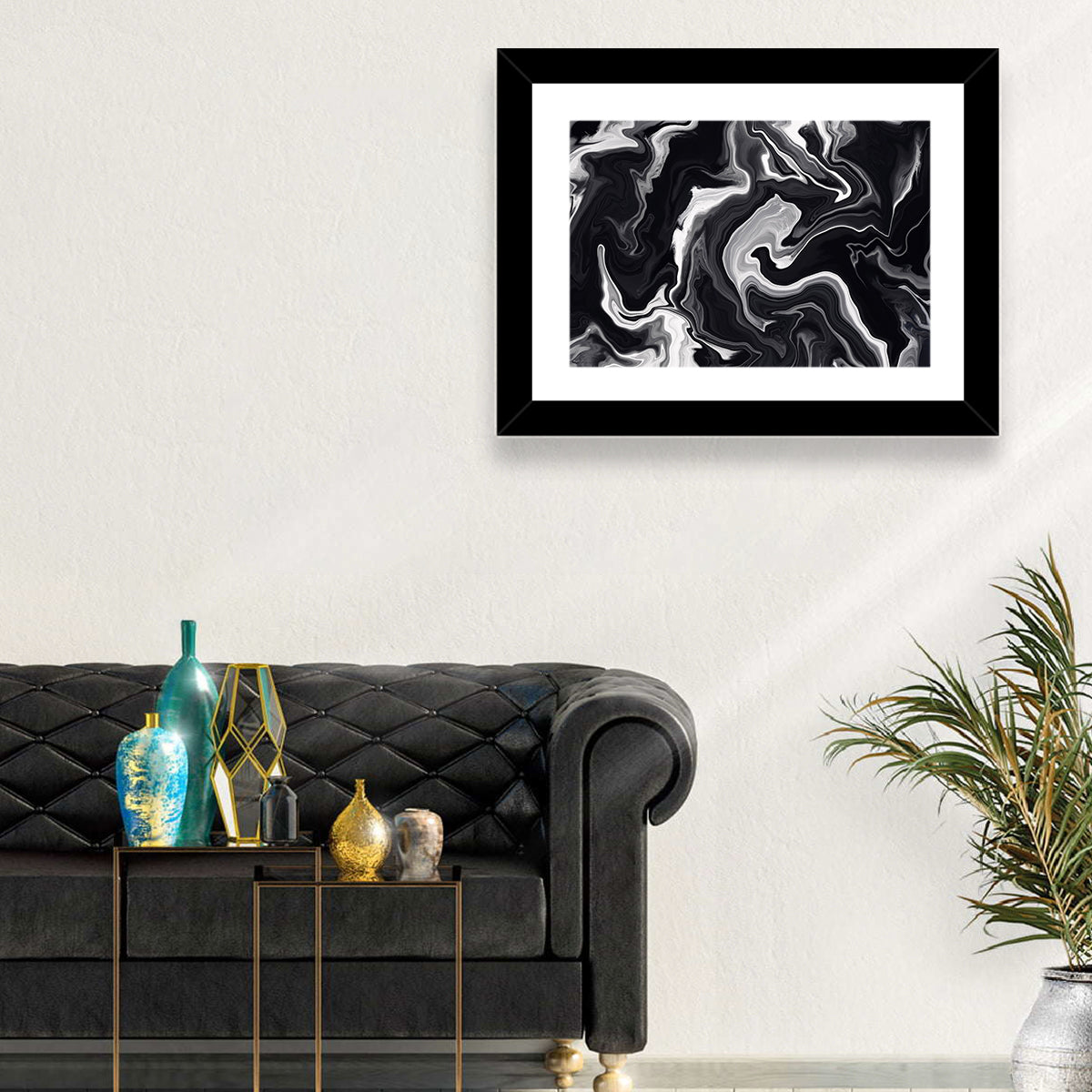 Flowing Black Marble Abstract Wall Art in a room, landscape