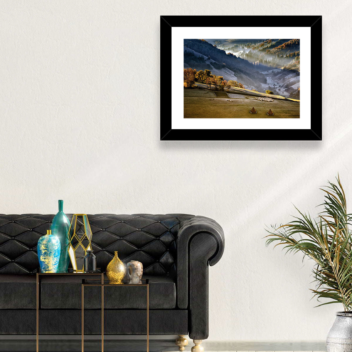 Mountain Village in Morning Mist Wall Art in a room, landscape