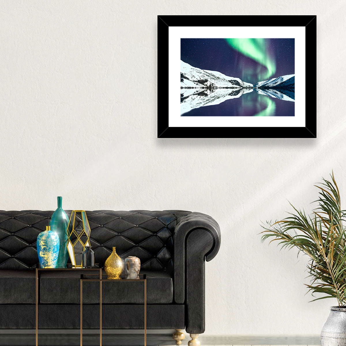 Emerald Aurora Over Mirror Lake Wall Art in a room, landscape