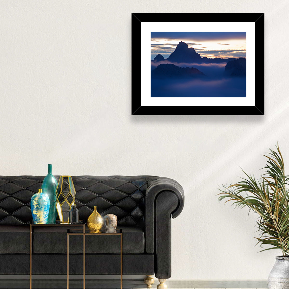 Dolomites Sunrise Silhouette Wall Art in a room, landscape