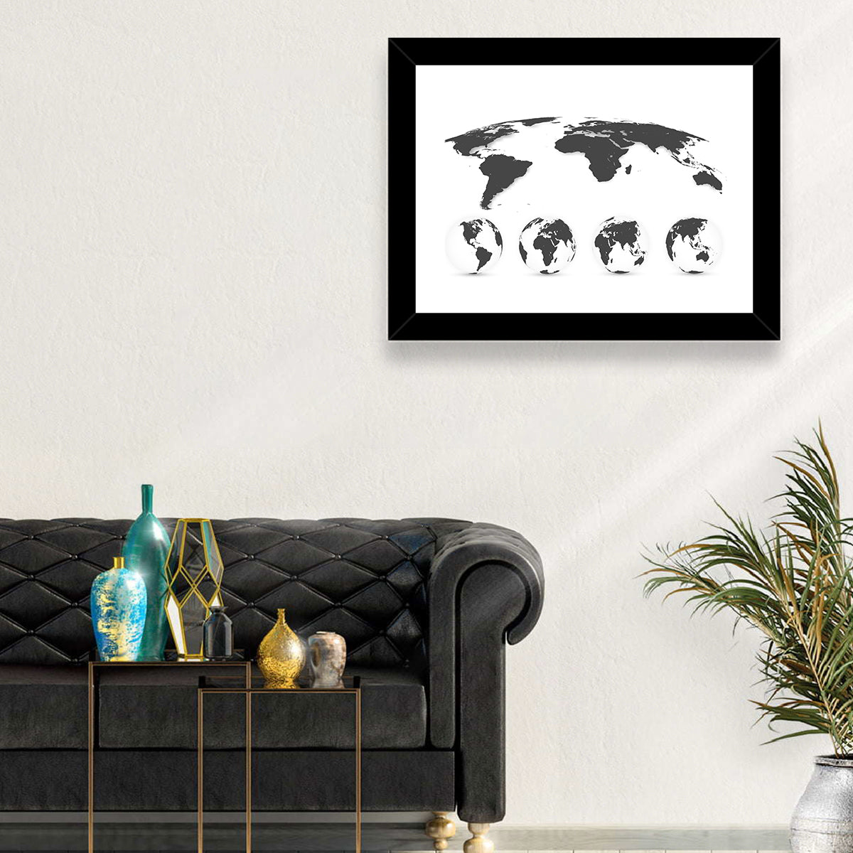 Stylized World Map and Globe Icons Wall Art in a room, landscape