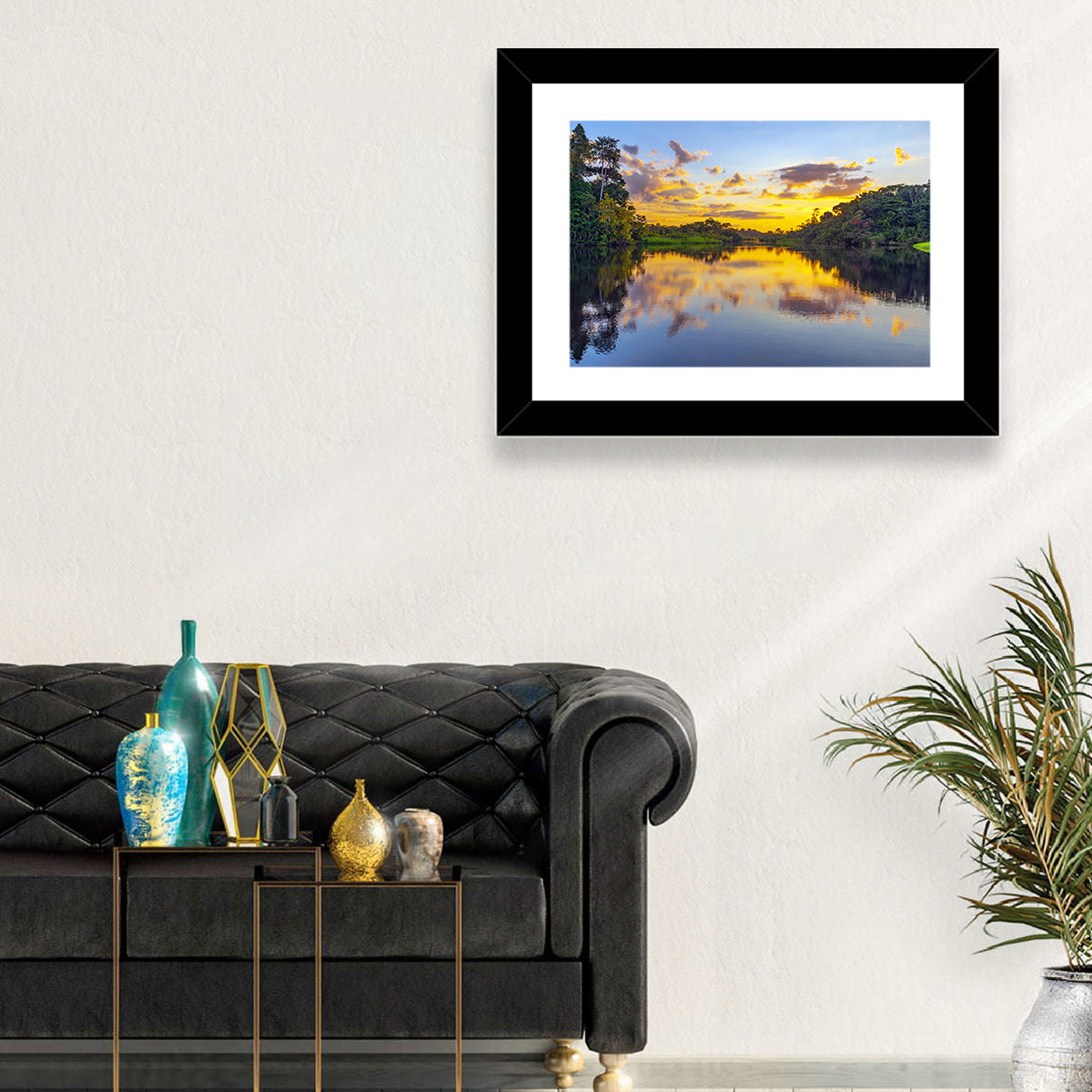Amazon River Sunset Reflection Wall Art in a room, landscape