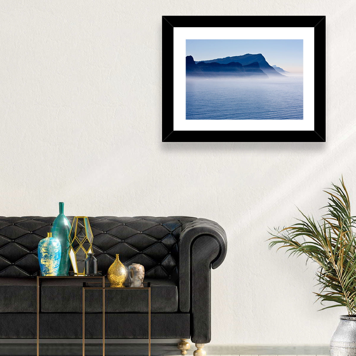 Misty Coastal Cliffs and Mountain Layers Wall Art in a room, landscape