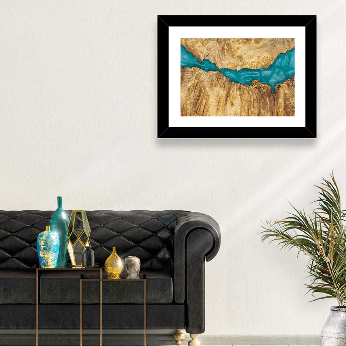 Burled Wood River with Teal Resin Wall Art in a room, landscape