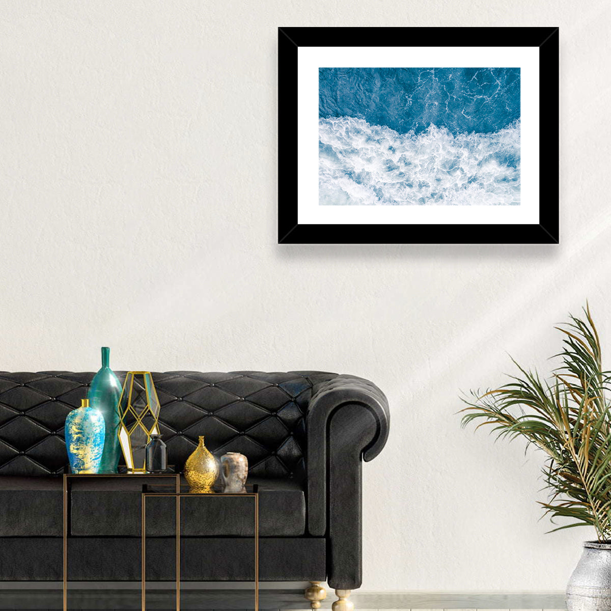 Stormy Blue Sea Wave Wall Art in a room, landscape