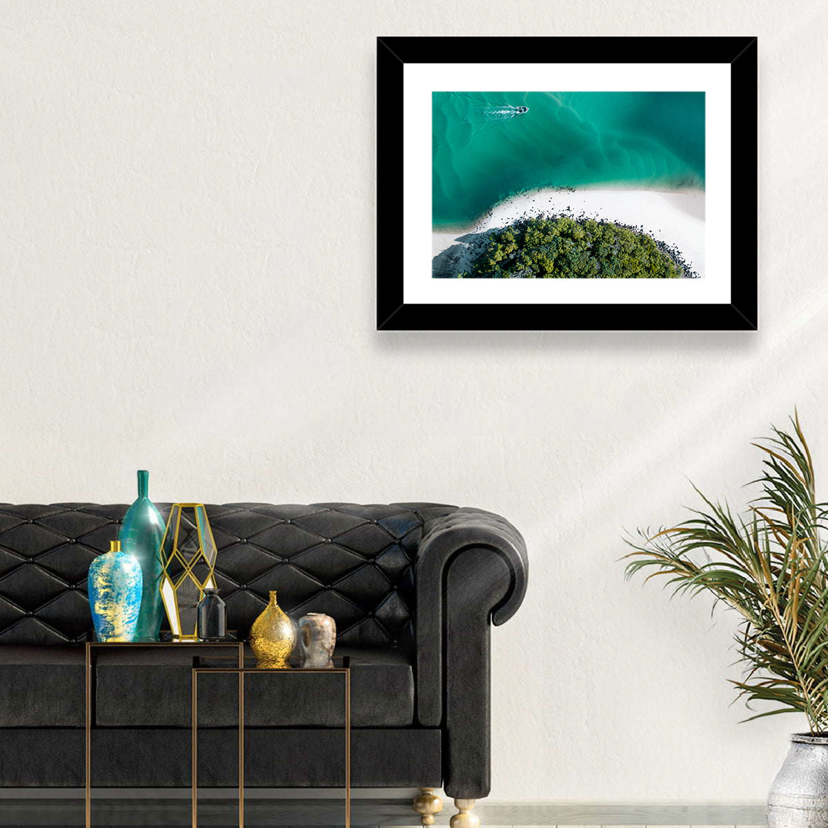 Clam Beach Aerial View Wall Art in a room, landscape
